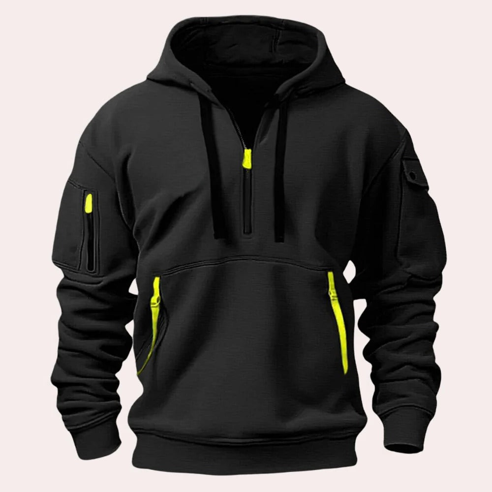 Men's Belro hoodie in navy with a relaxed fit, featuring a drawstring hood and ribbed cuffs for casual comfort.