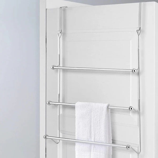 Belro over-the-door bathroom towel bar rack holder hanging on door, ideal for bathroom organization and towel storage.