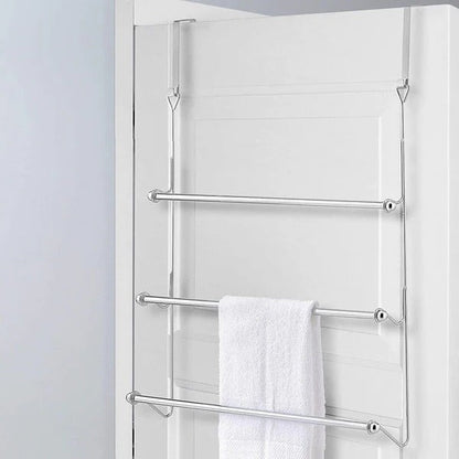 Belro over-the-door bathroom towel bar rack holder hanging on door, ideal for bathroom organization and towel storage.