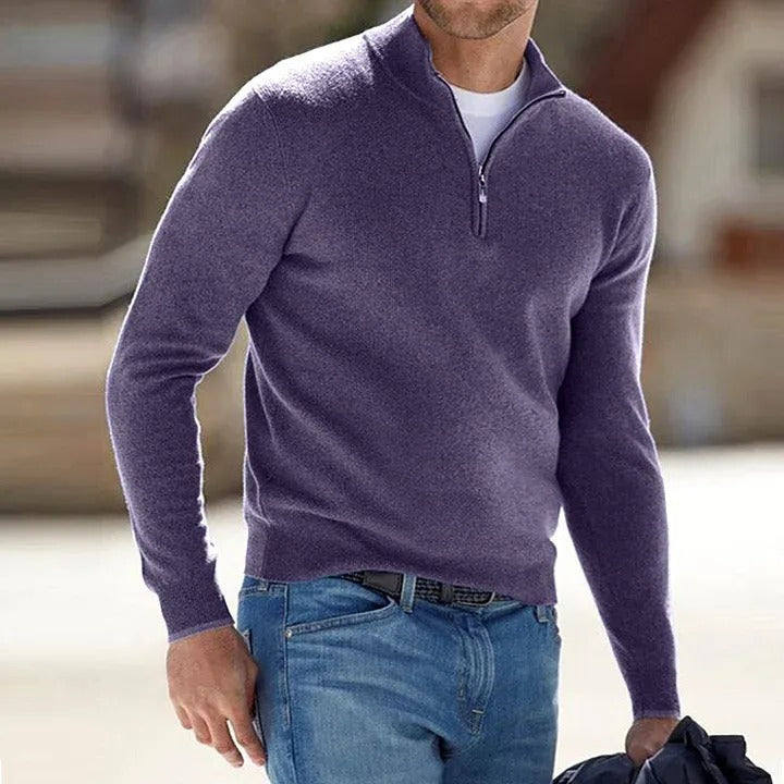 Men's Belro Cashmere Zipper Basic Sweater in automotive-inspired design, featuring a zipper front and soft cashmere fabric.
