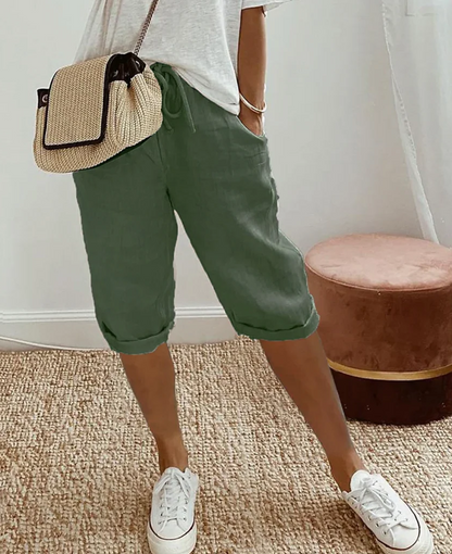 Belro women's linen-look knee breeches, fashionable and trendy leggings with a stylish, textured linen appearance.