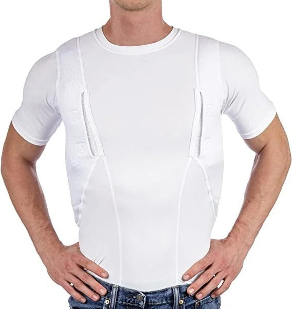 Belro concealed leather holster T-shirt for men and women, with automotive-inspired design and discreet concealed carry pocket.