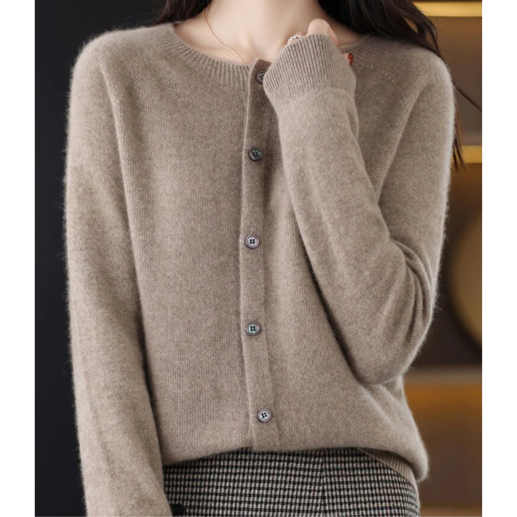 Women's Belro round neck cardigan sweater, featuring a classic knit design, displayed on a neutral background.