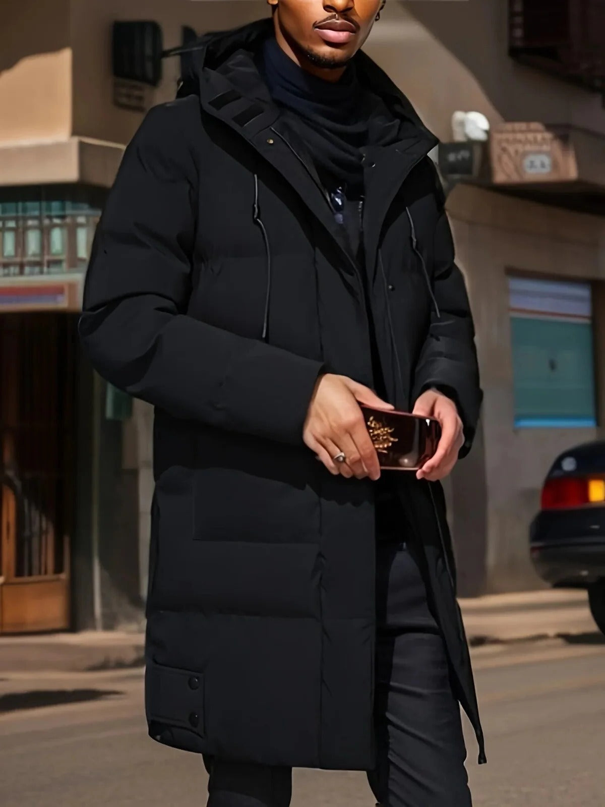 Belro men's long winter jacket, waterproof and warm, shown in dark color with hood and full-length zipper.