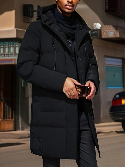 Belro men's long winter jacket, waterproof and warm, shown in dark color with hood and full-length zipper.