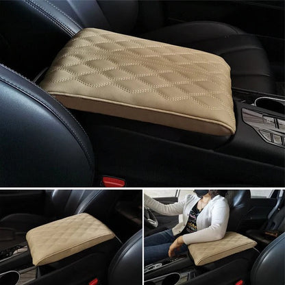 Belro leather car armrest box pad in universal style, showing a close-up of the black leather cushion with stitching details.