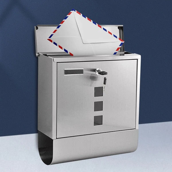 Large heavy-duty Belro wall-mounted vertical metal mailbox with lock for secure home delivery and outdoor decor.