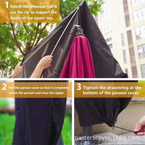 Belro waterproof outdoor parasol cover protecting a patio umbrella from rain and weather damage.