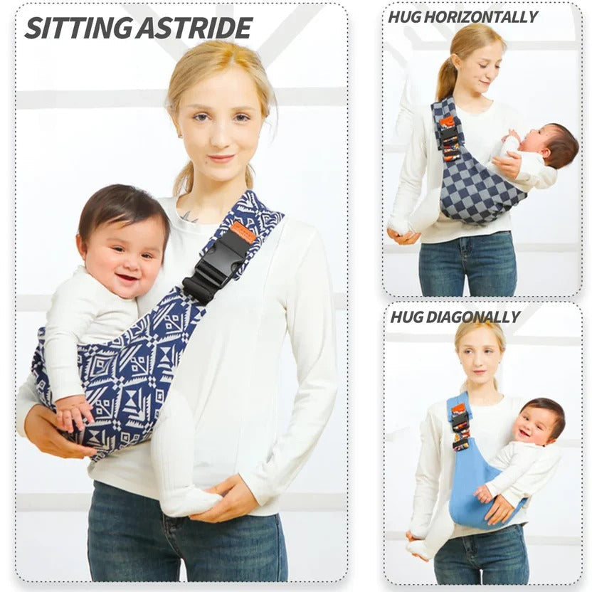 Adjustable Belro baby sling carrier for outdoor use, featuring padded straps and ergonomic design for comfortable baby wearing.