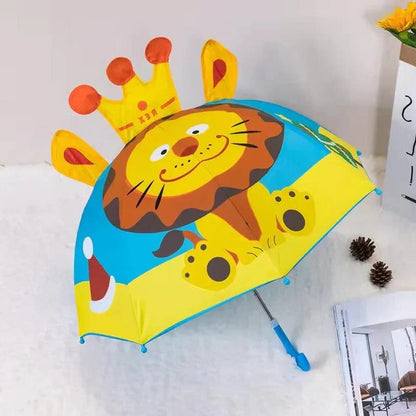 Colorful rainbow kids umbrella by Belro with a curved handle, featuring vibrant stripes, open to show its cheerful design.
