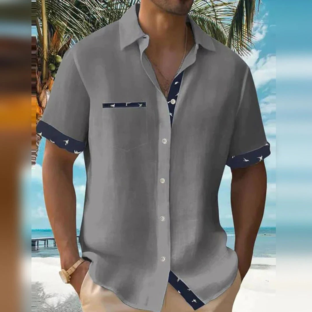 Belro elegant men's shirt displayed flat, featuring a classic collar, long sleeves, and a tailored fit in a neutral color.