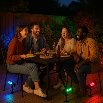 Belro Solar LED Multi-Zoom Spot Light shining outdoors, adjustable zoom lens for garden or pathway illumination