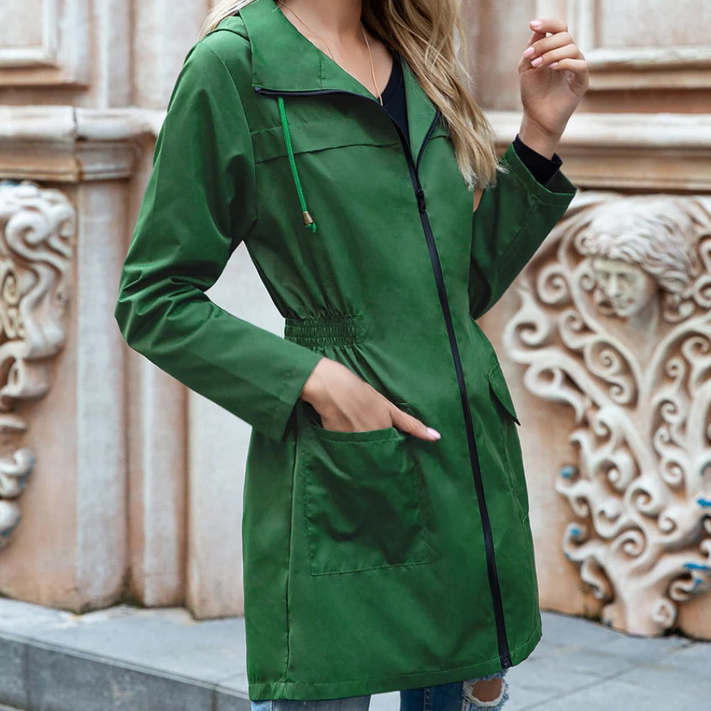 Belro stylish women's zipper trench coat, lightweight with a classic collar, long sleeves, and a modern fit.