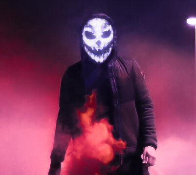 Belro LED Smart Mask worn as a costume accessory, featuring illuminated lights and adjustable fit for a futuristic look.