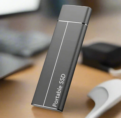 Belro portable SSD for large storage, sleek black electronic device with USB connection for computer data transfer.