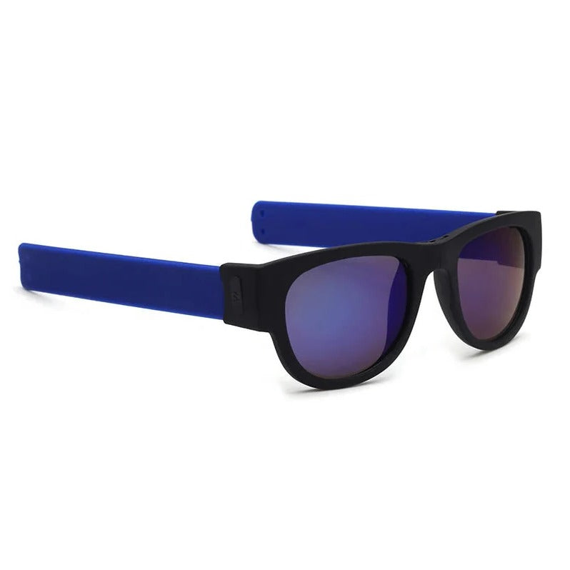 Belro folding slap sunglasses with black frames and mirrored lenses, designed for stylish, compact eyewear accessories.