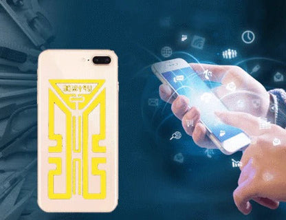 Belro cell phone signal enhancement stickers on a smartphone, boosting signal strength with discreet electronic signal booster stickers.