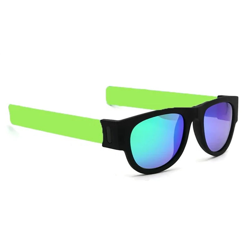Belro folding slap sunglasses with black frames and tinted lenses, compact and portable eyewear accessory.