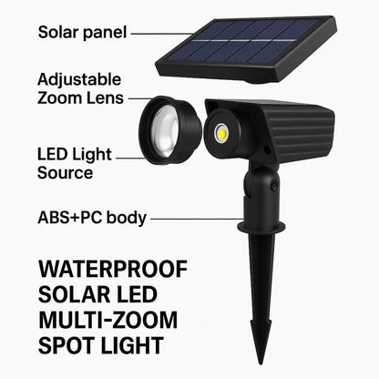 Belro Solar LED Multi-Zoom Spot Light illuminating a garden area with adjustable zoom for outdoor home and garden lighting.