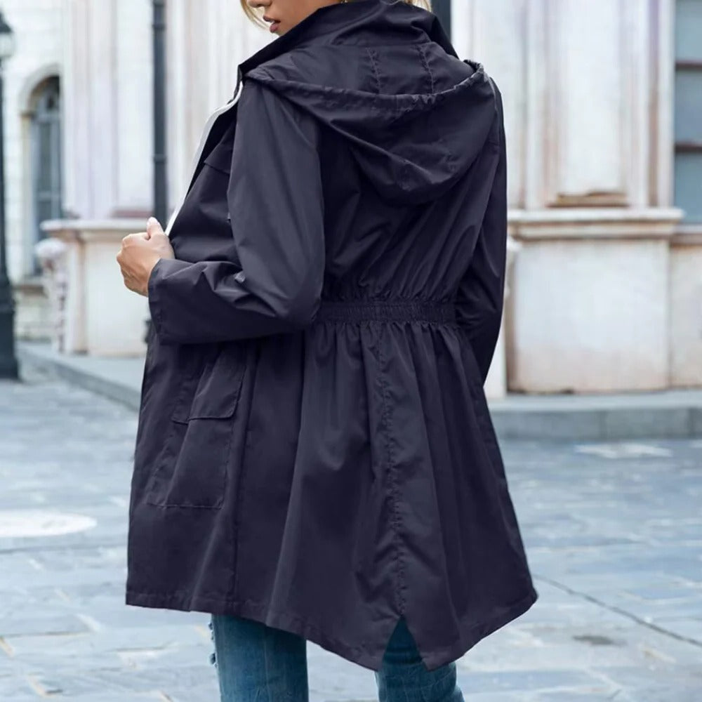 Belro women's stylish zipper trench coat, mid-length with belt and side pockets, in classic beige.