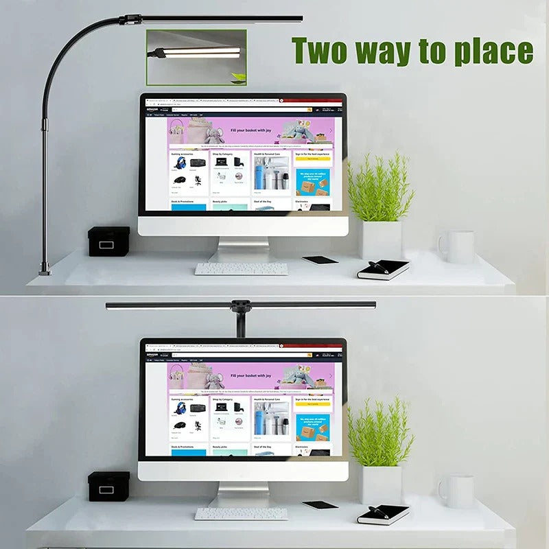 Belro DeskLight electronic desk lamp with adjustable arm and bright LED lighting on a modern office desk.