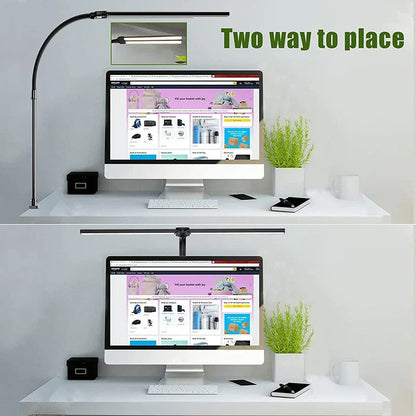 Belro DeskLight electronic desk lamp with adjustable arm and bright LED lighting on a modern office desk.