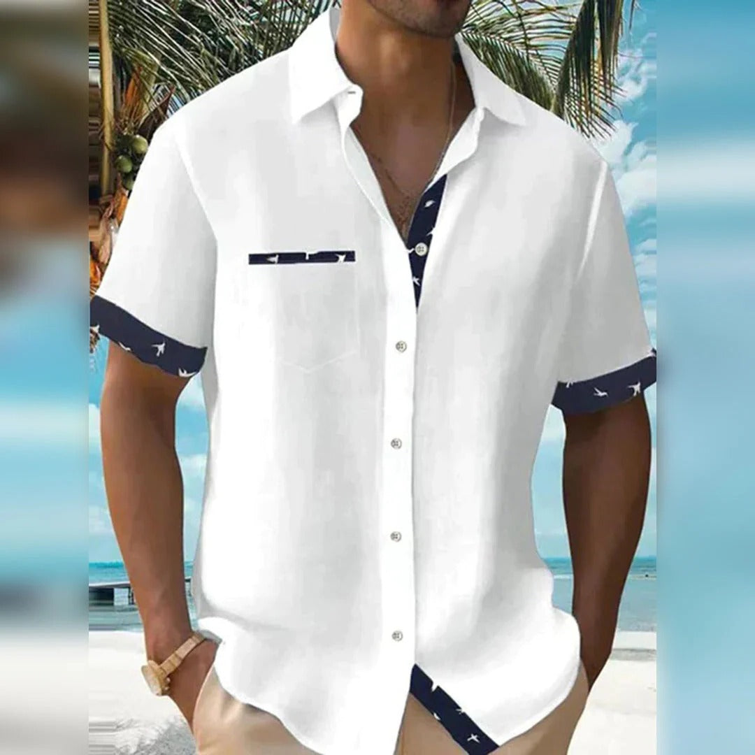 Elegant men's Belro shirt with a classic collar and button-front, displayed on a hanger.
