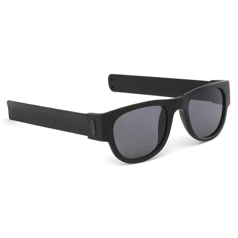 Belro Folding Slap Sunglasses with black frames and dark lenses, compact and portable eyewear accessory.