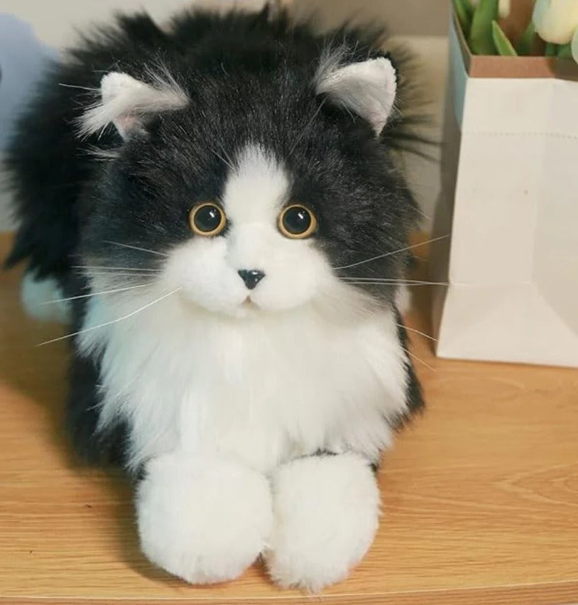 Belro black and white plush cat toy, lifelike pet supply for cats, soft and cuddly feline toy for play and comfort.