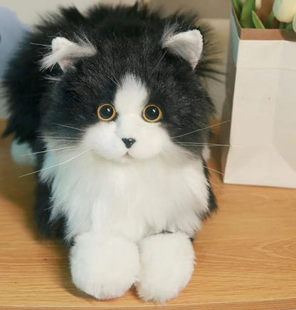 Belro black and white plush cat toy, lifelike pet supply for cats, soft and cuddly feline toy for play and comfort.