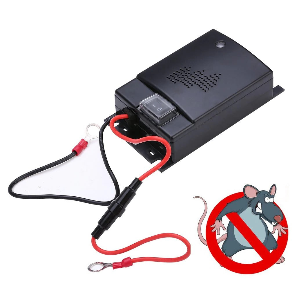 Belro Vehicle Mice Repeller scene showing device in a home outdoor setting for pest control against mice and rodents.