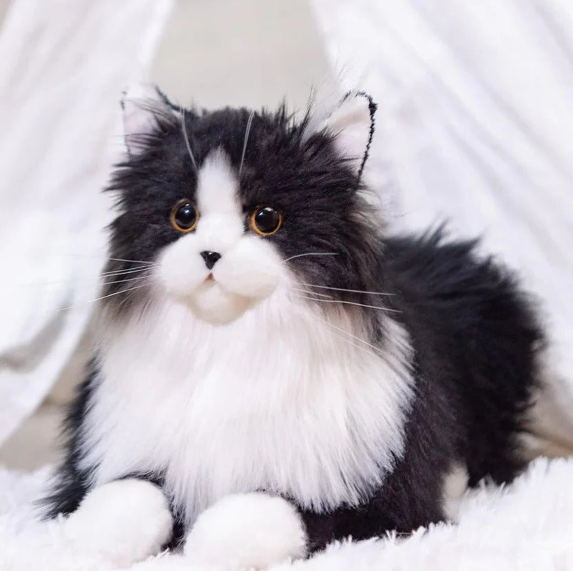 Belro black and white plush cat toy, realistic pet supply for cats, soft and lifelike with detailed features