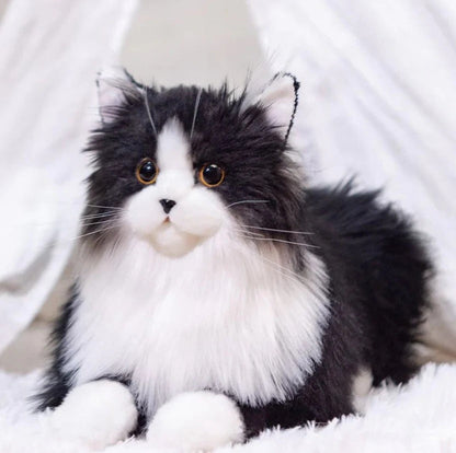 Belro black and white plush cat toy, realistic pet supply for cats, soft and lifelike with detailed features