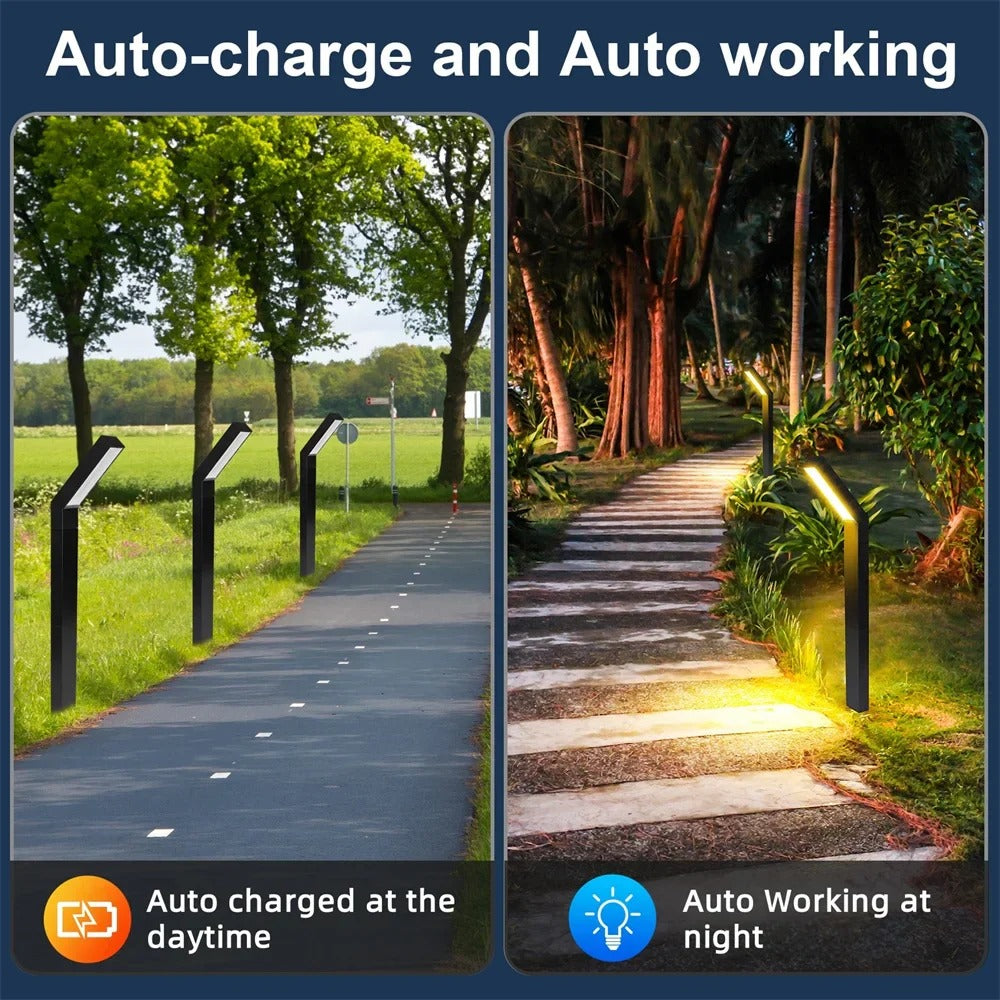 Belro solar pathway lights illuminating a garden path, ideal for outdoor home and garden lighting.