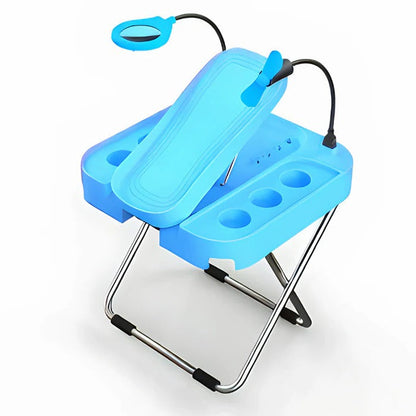Belro adjustable pedicure rest with LED magnifier for comfortable foot care and detailed nail viewing.