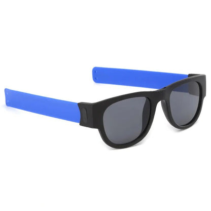 Belro folding slap sunglasses with black frames and tinted lenses, showcasing compact, portable eyewear accessory.