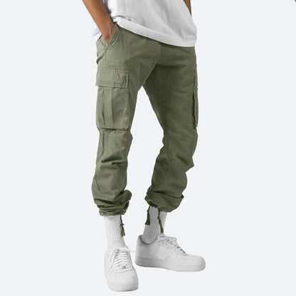 Belro men's cargo pants with multiple pockets and relaxed fit, shown in a neutral color on a hanger.