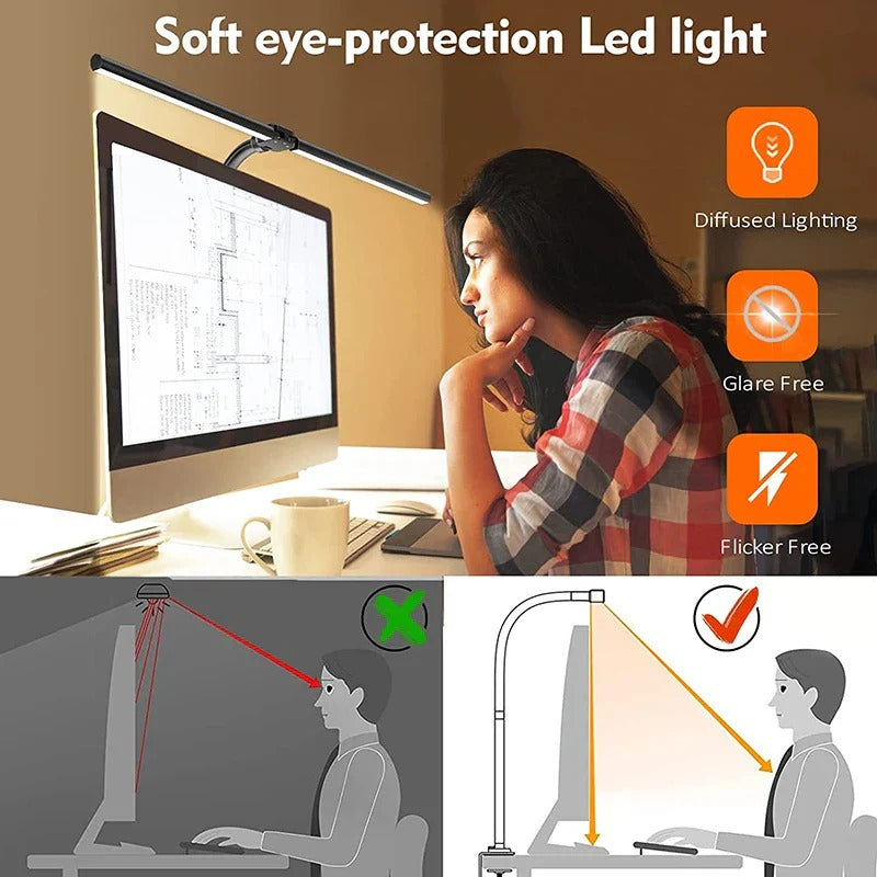 Belro DeskLight electronic desk lamp with adjustable arm and bright LED illumination on a modern workspace.