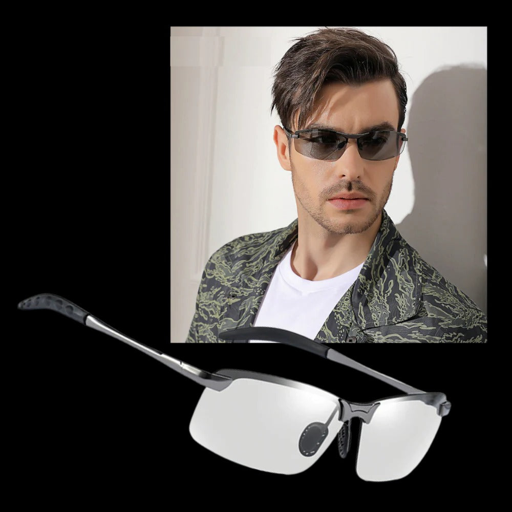 Belro photochromic UV sunglasses for men with clear, stylish frames, designed to adapt to changing light conditions.
