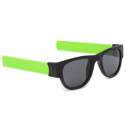 Belro folding slap sunglasses with black frames and lenses, compact design, and adjustable arms for easy wear and storage.