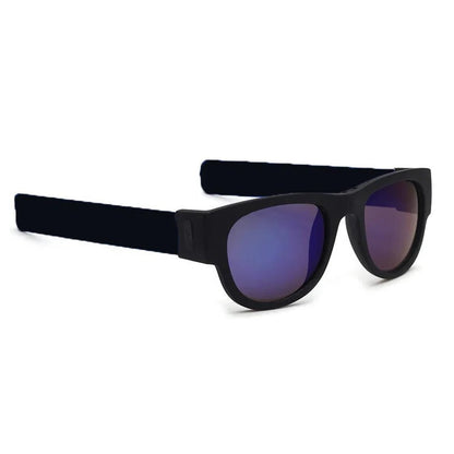 Belro Folding Slap Sunglasses with black frames and polarized lenses, compact and portable eyewear accessory.