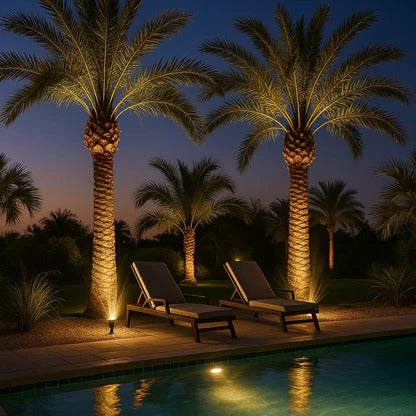 Belro Solar LED Multi-Zoom Spot Light installed outdoors, illuminating garden area with adjustable focus and bright LED lighting.