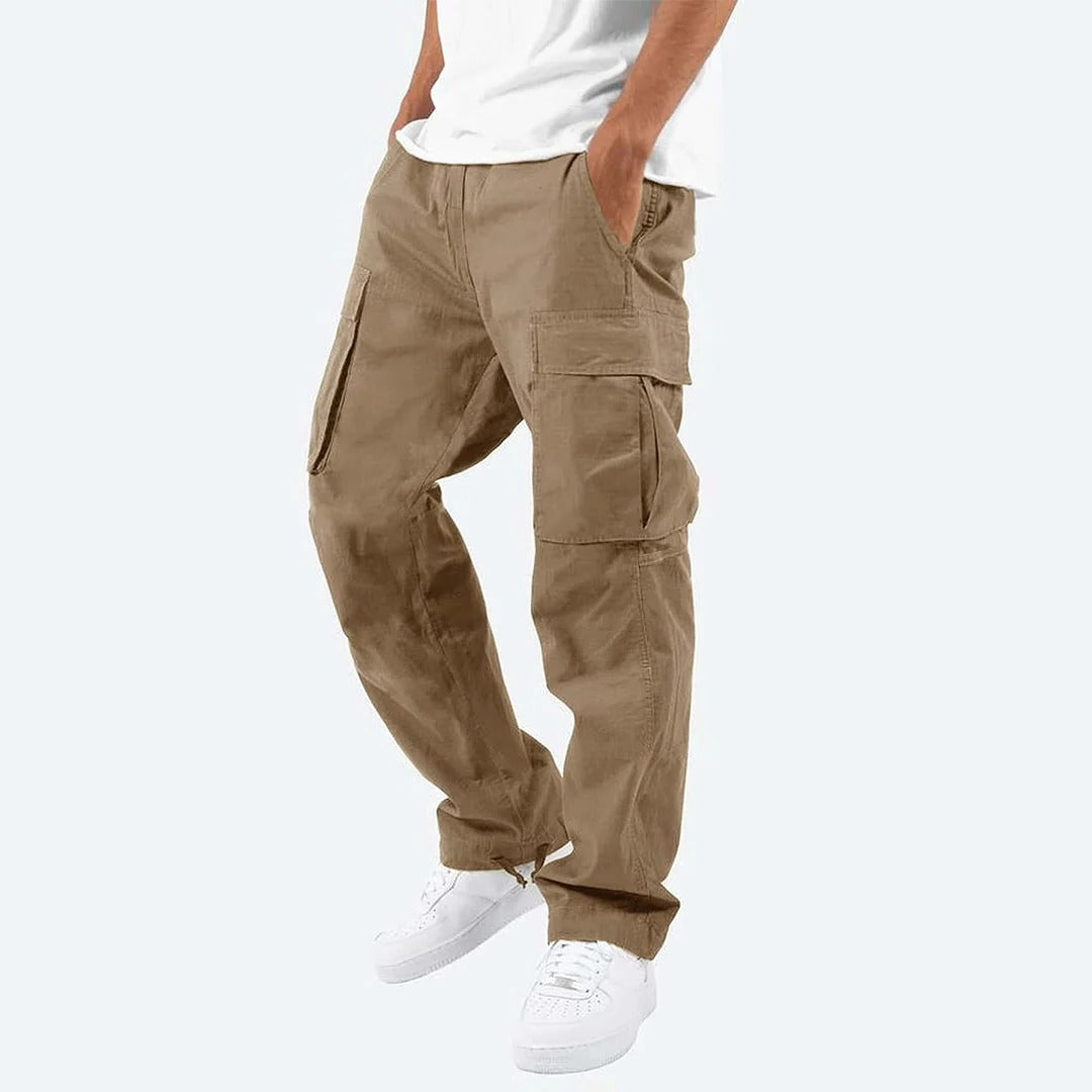 Belro men's cargo pants shown in dark olive with multiple side and back pockets, casual relaxed fit, suitable for outdoor and everyday wear.