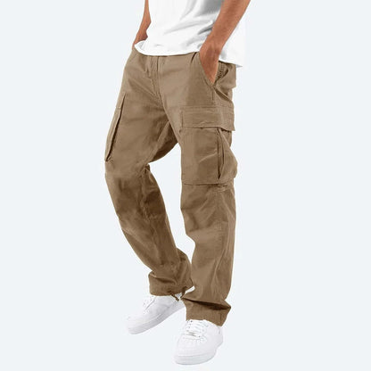 Belro men's cargo pants shown in dark olive with multiple side and back pockets, casual relaxed fit, suitable for outdoor and everyday wear.