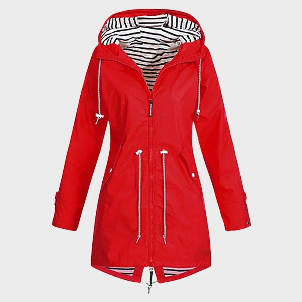 Belro women's long rain jacket showcasing waterproof fabric, hood, and full-length design perfect for rainy weather.