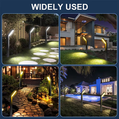 Belro solar pathway lights illuminating a garden path with sleek metal stakes and warm LED glow in an outdoor setting