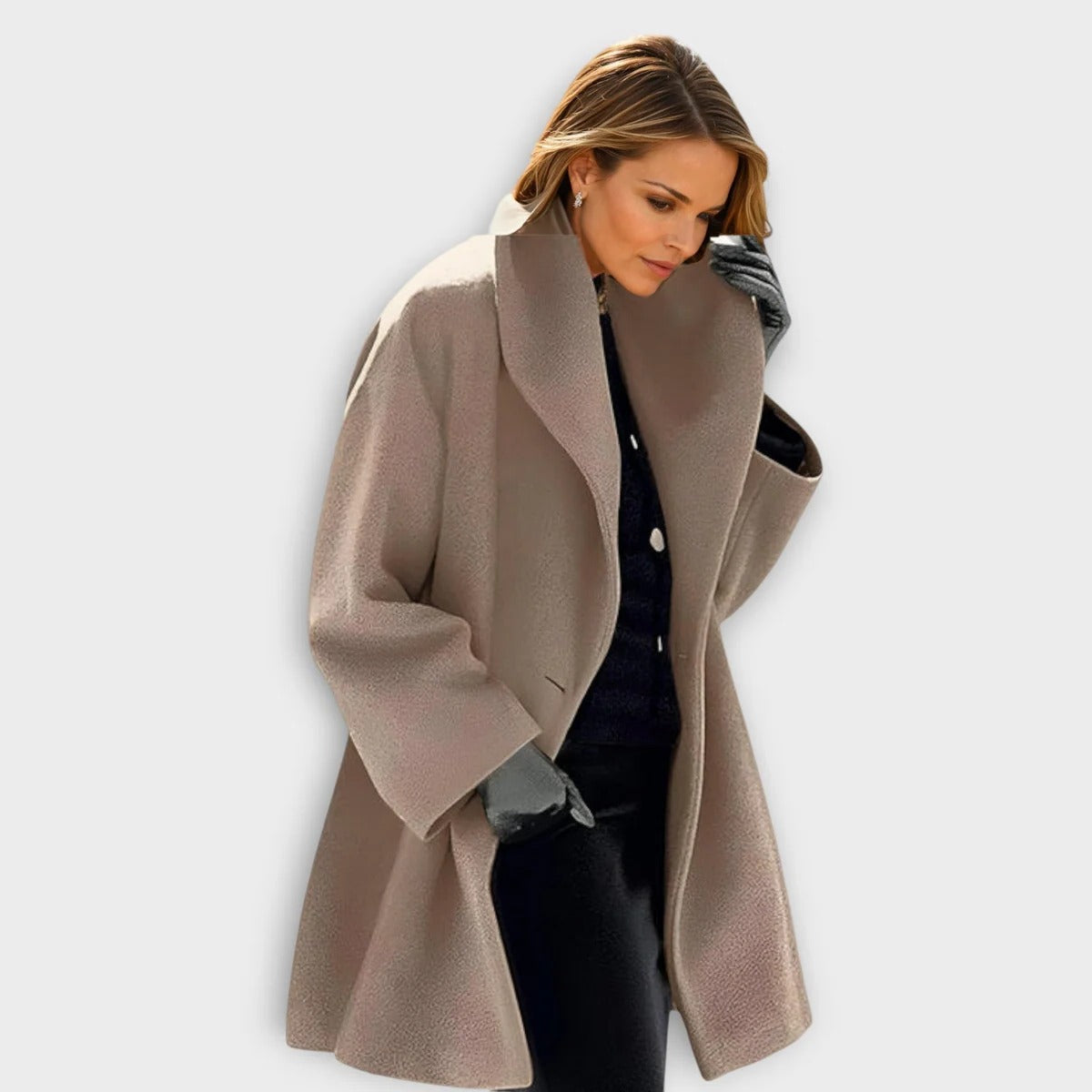 Belro women's windproof wool coat featuring a stylish, tailored design with a high collar and button closure.