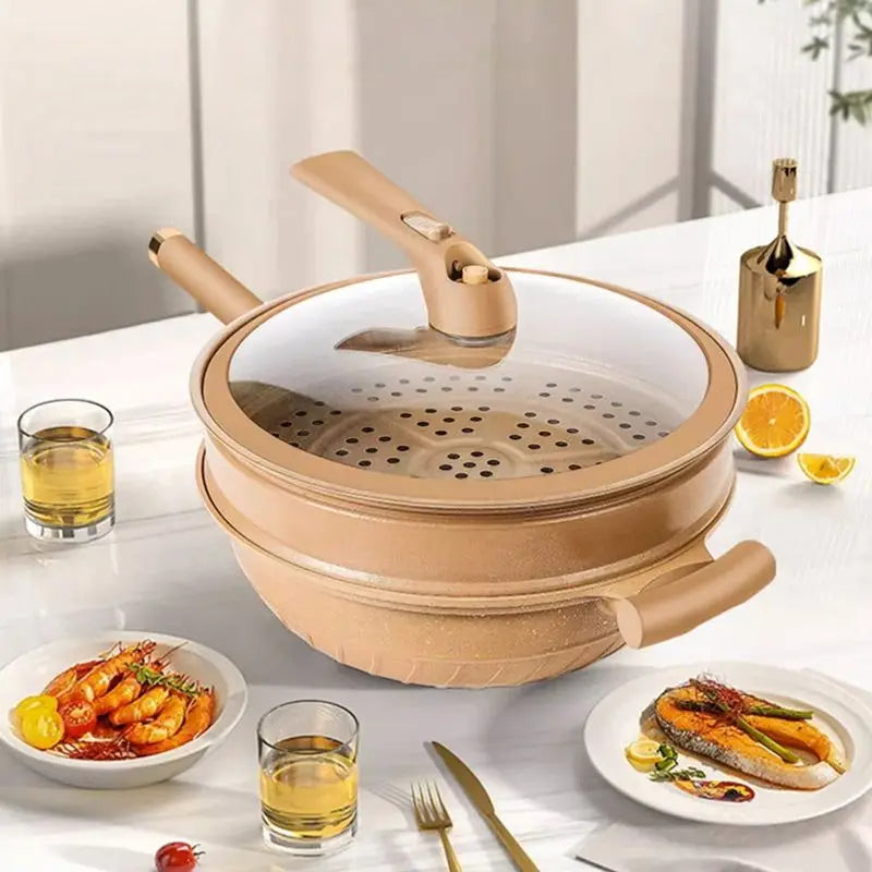 Belro Ultimate Wok Cooker for home and kitchen, stainless steel design with sturdy handles and cooking surface.