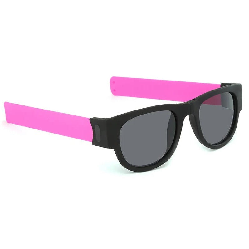 Belro folding slap sunglasses with black frames and tinted lenses, folded and open, showcasing compact, stylish eyewear accessory.