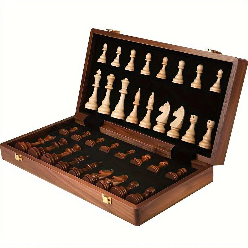 Belro wooden chess set with carved chess pieces on a wooden board, ideal for toys and games enthusiasts.